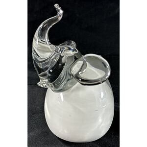 Art Glass Elephant Figurine Clear & White Blown Glass 4.75” Murano Style